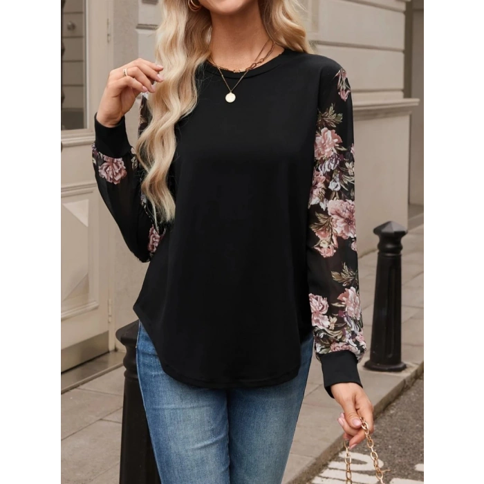 Kadın Uzun Kollu Bisiklet Yakalı Kolun çiçek Desenli Viskon Iki Iplik Bluz