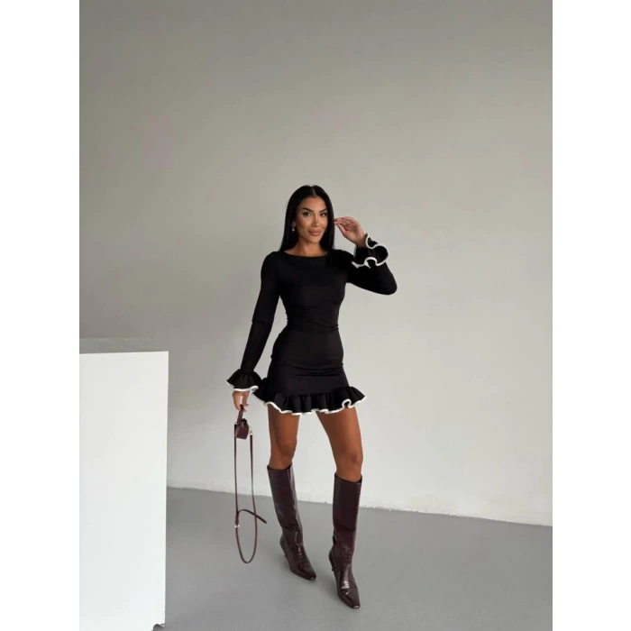 Kadın Uzun Kollu Biye Ve Volan Detaylı Dalgıç Kumaş Mini Elbise