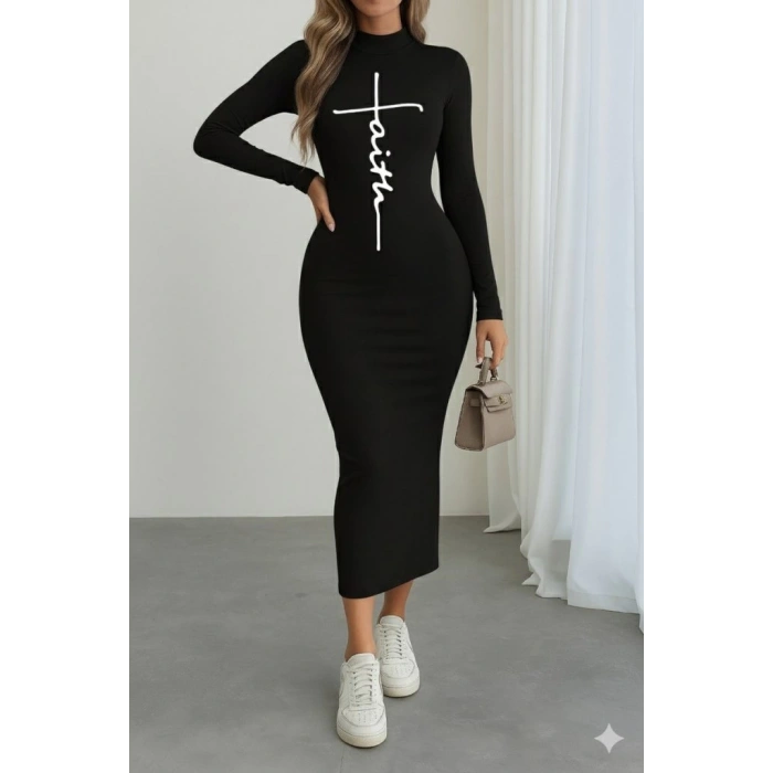 Kadın Uzun Kollu Boğazlı Baskı Detaylı Viskon Tam Boy Elbise