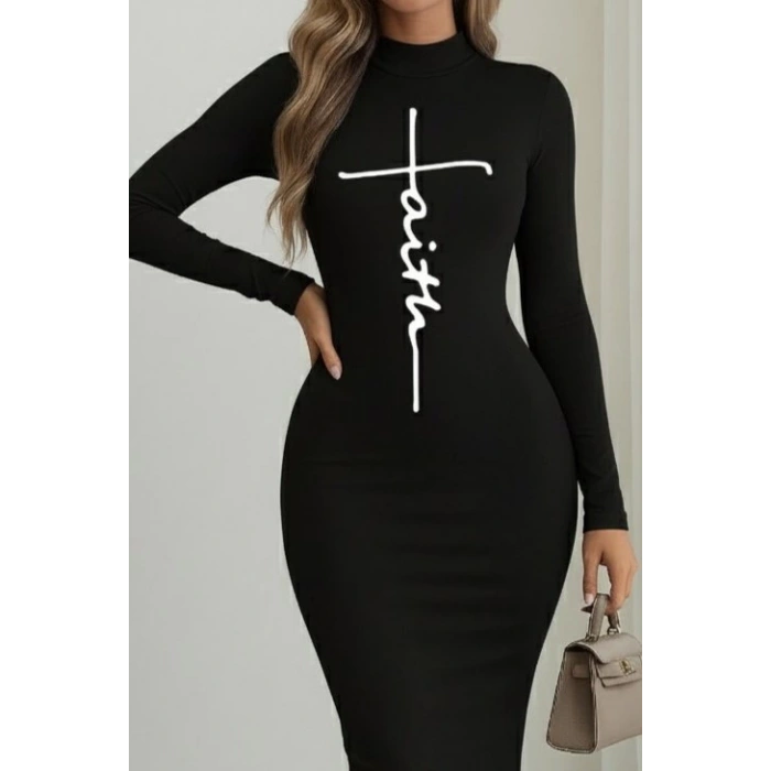 Kadın Uzun Kollu Boğazlı Baskı Detaylı Viskon Tam Boy Elbise