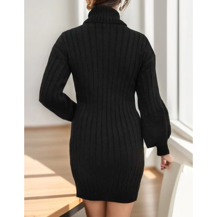 Kadın Uzun Kollu Boğazlı Uzun Balon Kol Triko Mini Elbise