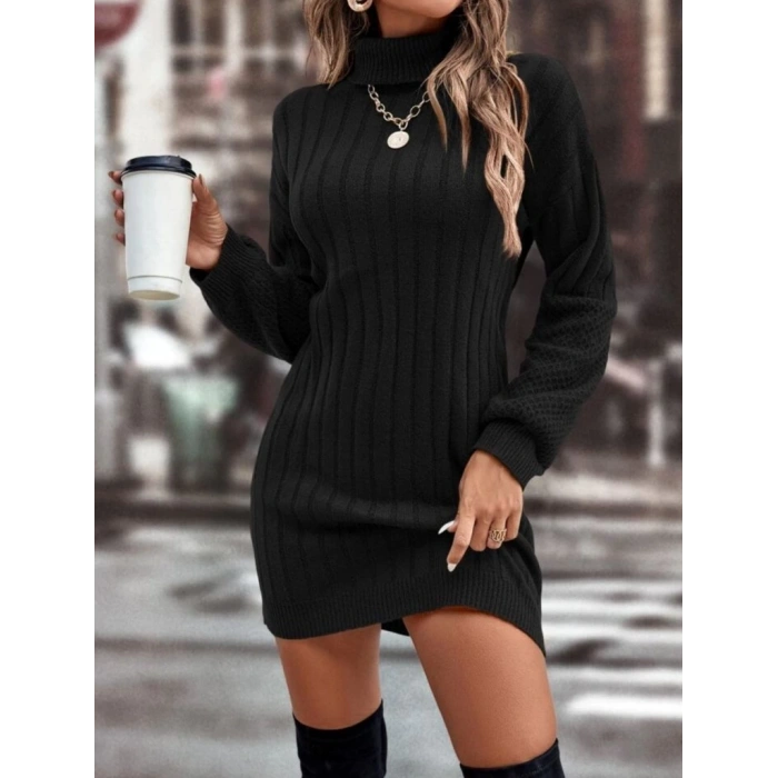 Kadın Uzun Kollu Boğazlı Uzun Balon Kol Triko Mini Elbise