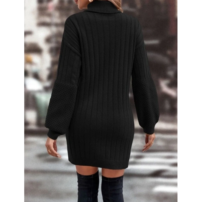 Kadın Uzun Kollu Boğazlı Uzun Balon Kol Triko Mini Elbise