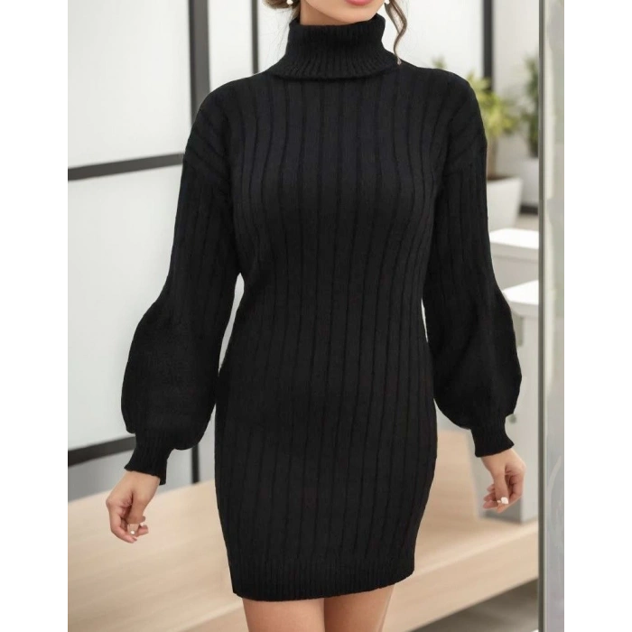 Kadın Uzun Kollu Boğazlı Uzun Balon Kol Triko Mini Elbise