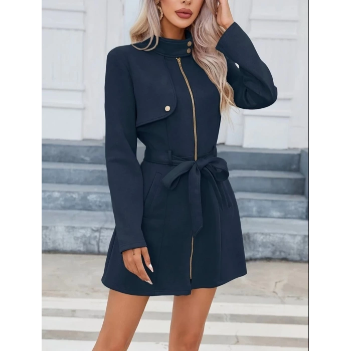 Kadın Uzun Kollu Boyundan Düğmeli Fermuarlı Beli Kuşaklı Süet Ceket