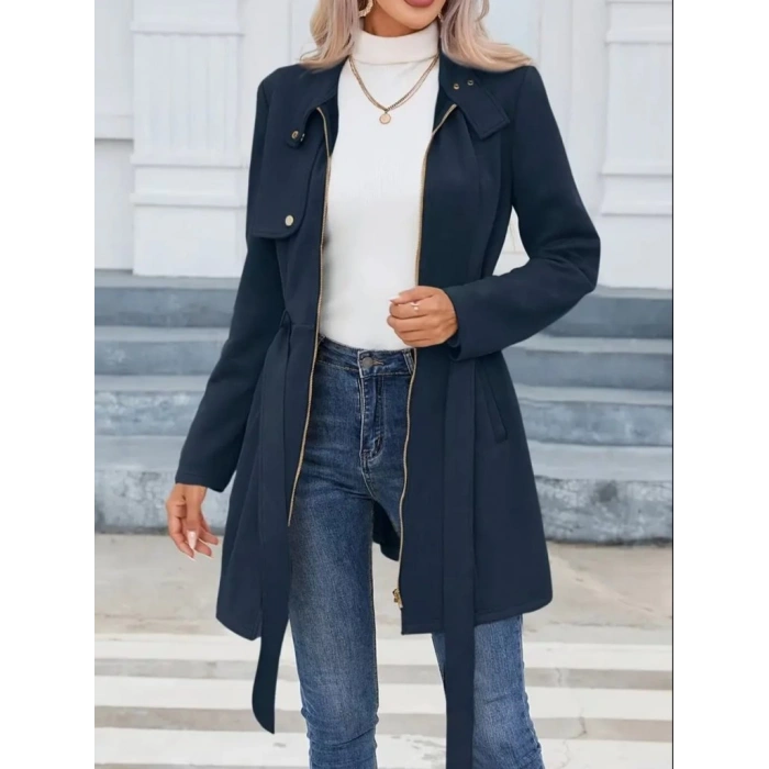 Kadın Uzun Kollu Boyundan Düğmeli Fermuarlı Beli Kuşaklı Süet Ceket