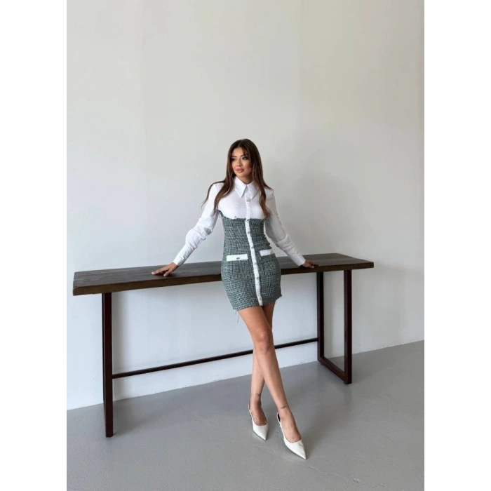 KADIN UZUN KOLLU CEP VE DÜĞME DETAY MİNİ GÖMLEK ELBİSE