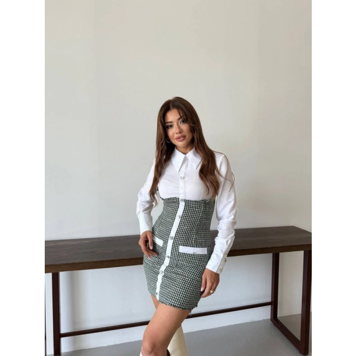 KADIN UZUN KOLLU CEP VE DÜĞME DETAY MİNİ GÖMLEK ELBİSE