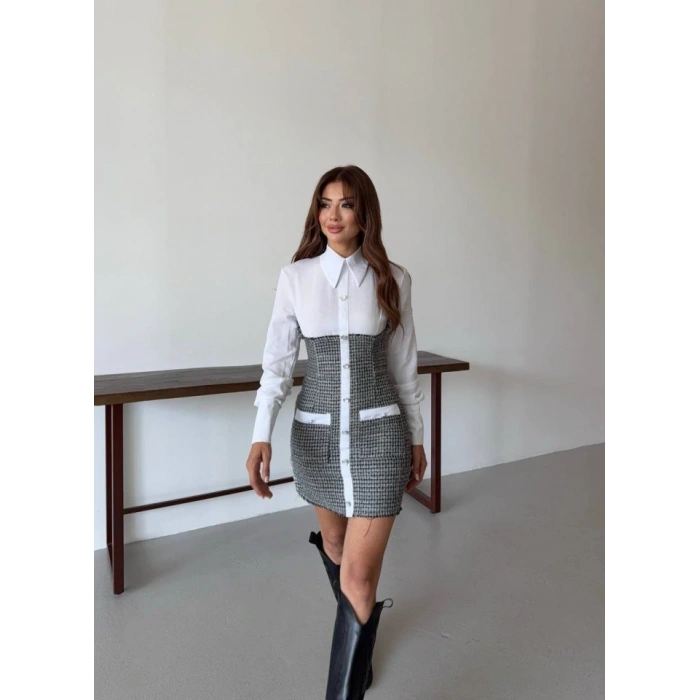 KADIN UZUN KOLLU CEP VE DÜĞME DETAY MİNİ GÖMLEK ELBİSE