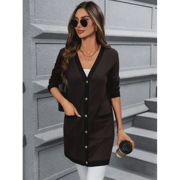 Kadın Uzun Kollu Cepli önden Düğmeli Uzun Modal Ceket Hırka