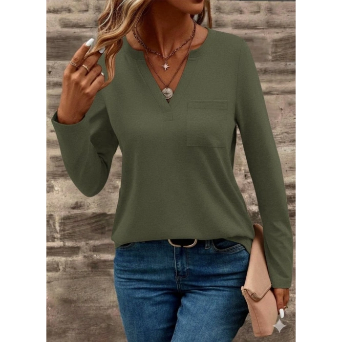 Kadın Uzun Kollu Cepli V Yakalı Viskon Iki Iplik Bluz