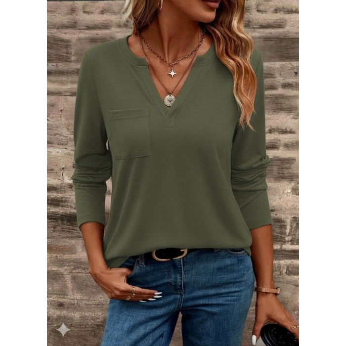 Kadın Uzun Kollu Cepli V Yakalı Viskon Iki Iplik Bluz