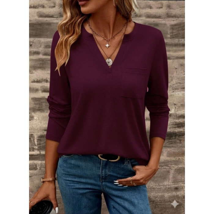 Kadın Uzun Kollu Cepli V Yakalı Viskon Iki Iplik Mürdüm Bluz