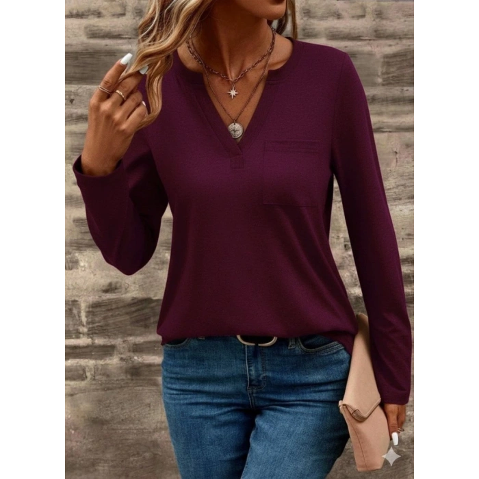 Kadın Uzun Kollu Cepli V Yakalı Viskon Iki Iplik Mürdüm Bluz