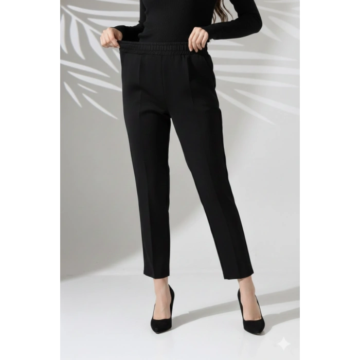 Kadın Uzun Kollu Dalıç Kumaş Cep Detay Beli Lastikli ütüsüz Pantolon