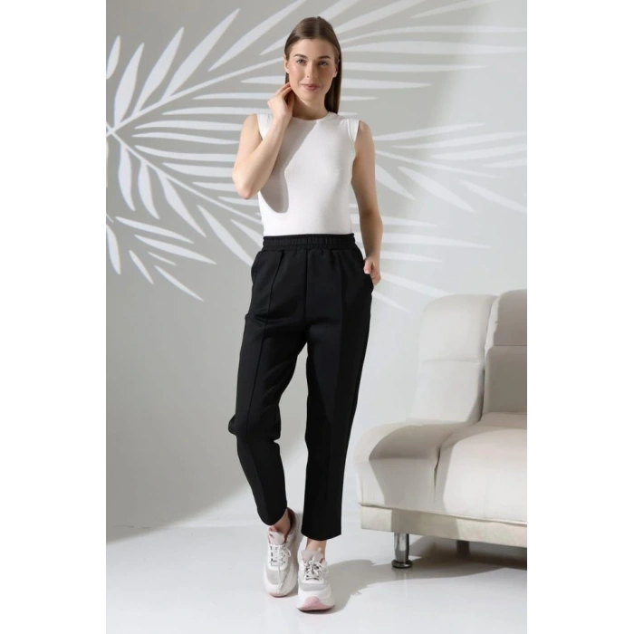 Kadın Uzun Kollu Dalıç Kumaş Cep Detay Beli Lastikli ütüsüz Pantolon