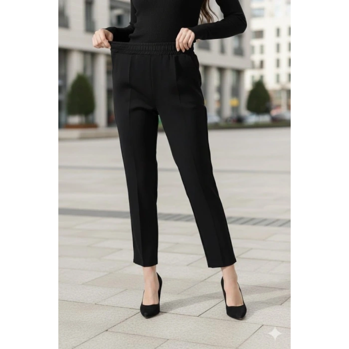 Kadın Uzun Kollu Dalıç Kumaş Cep Detay Beli Lastikli ütüsüz Pantolon