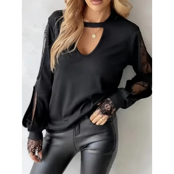 Kadın Uzun Kollu Damla Detaylı Viskon Iki Iplik Bluz