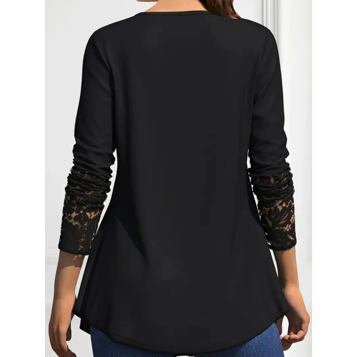 Kadın Uzun Kollu Dantel Detaylı Düğmeli Viskon Bluz