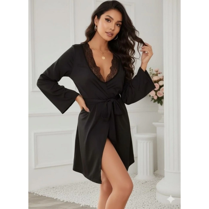 Kadın Uzun Kollu Dantel Yakalı Belden Kuşaklı Viskon Gecelik