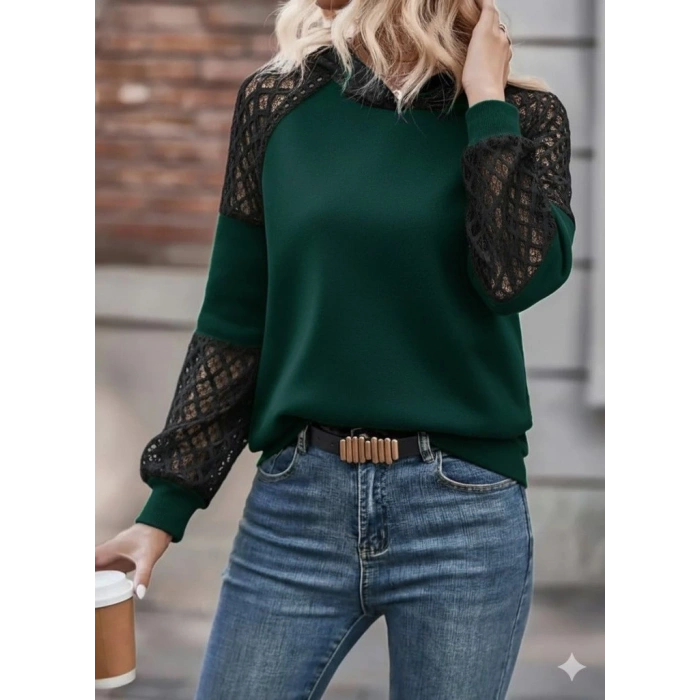 Kadın Uzun Kollu Dantelli Kapşonlu Viskon Iki Iplik Bluz