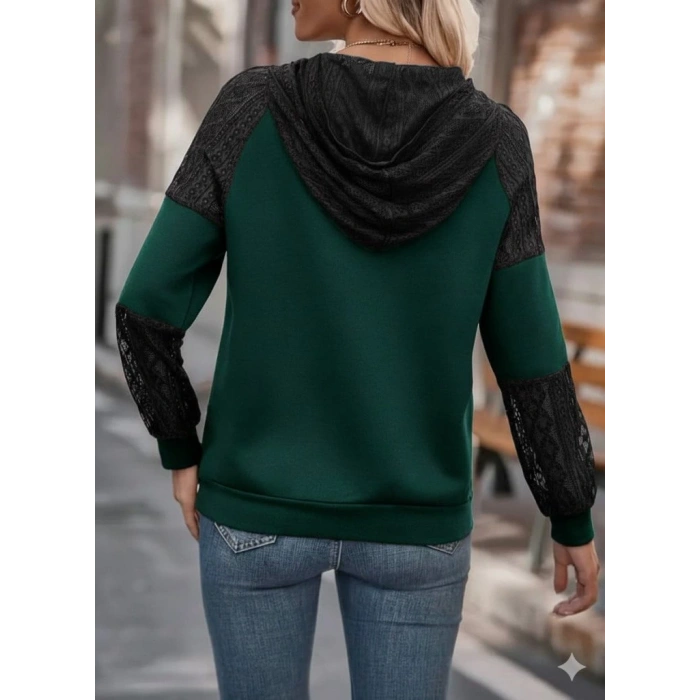 Kadın Uzun Kollu Dantelli Kapşonlu Viskon Iki Iplik Bluz