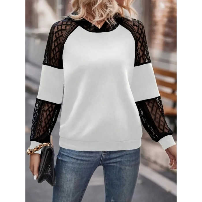 Kadın Uzun Kollu Dantelli Kapşonlu Viskon Iki Iplik Bluz