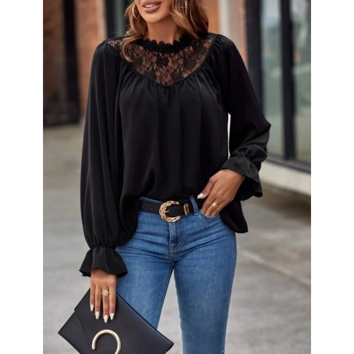 Kadın Uzun Kollu Dantelli Salaş Sandy Bluz