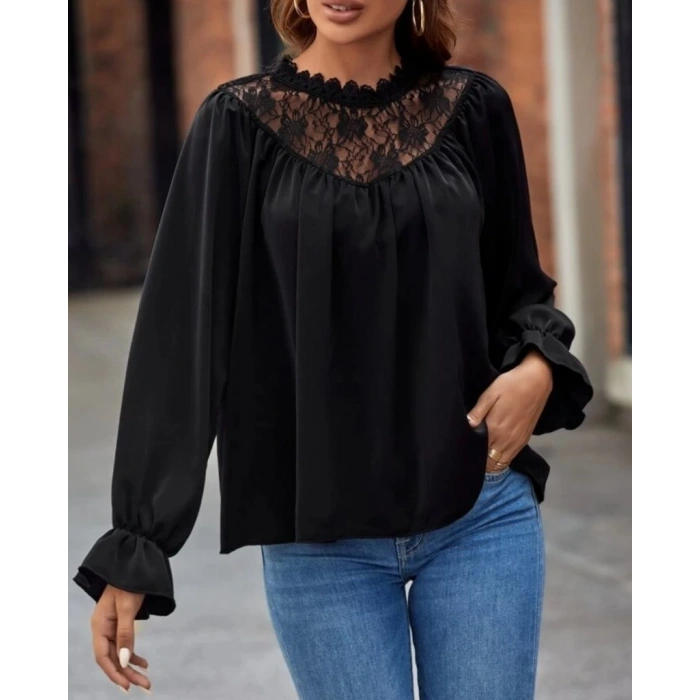 Kadın Uzun Kollu Dantelli Salaş Sandy Bluz