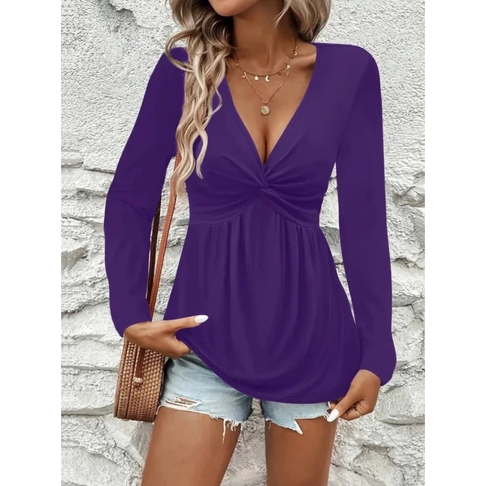 Kadın Uzun Kollu Dekolteli Sarmal Detaylı Viskon Bluz