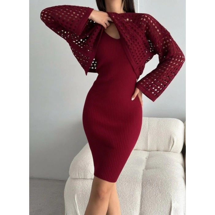 Kadın Uzun Kollu Delikli Kazak Askılı Elbise Triko Ikili Takım