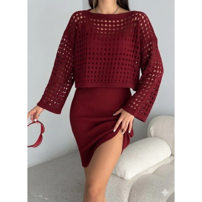 Kadın Uzun Kollu Delikli Kazak Askılı Elbise Triko Ikili Takım