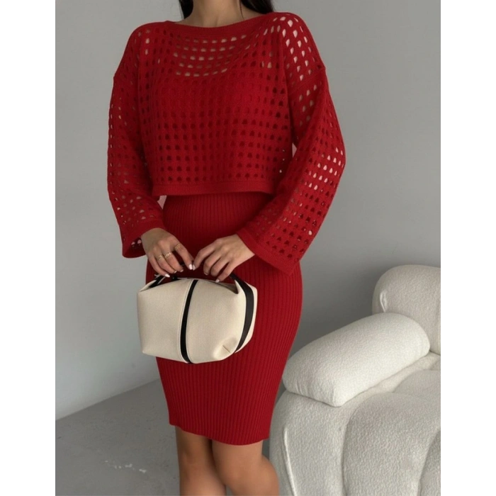 Kadın Uzun Kollu Delikli Kazak Askılı Elbise Triko Ikili Takım