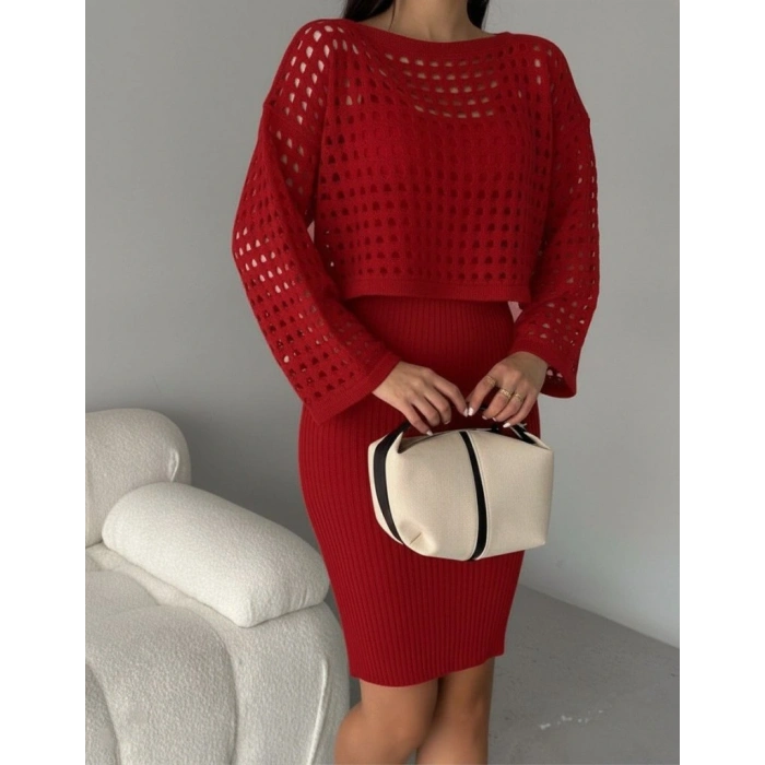 Kadın Uzun Kollu Delikli Kazak Askılı Elbise Triko Ikili Takım
