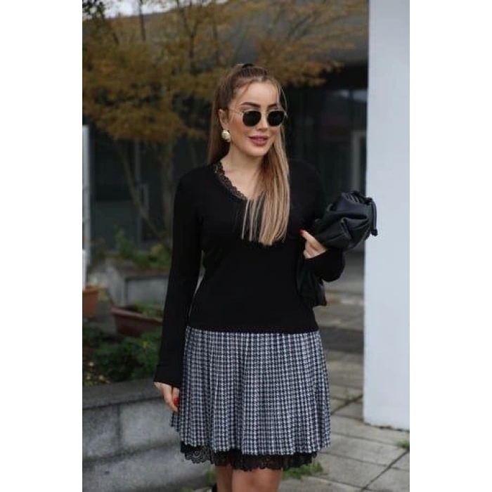 Kadın Uzun Kollu Denteli Yaka Ekose Etek Detay Diz üstü Elbise