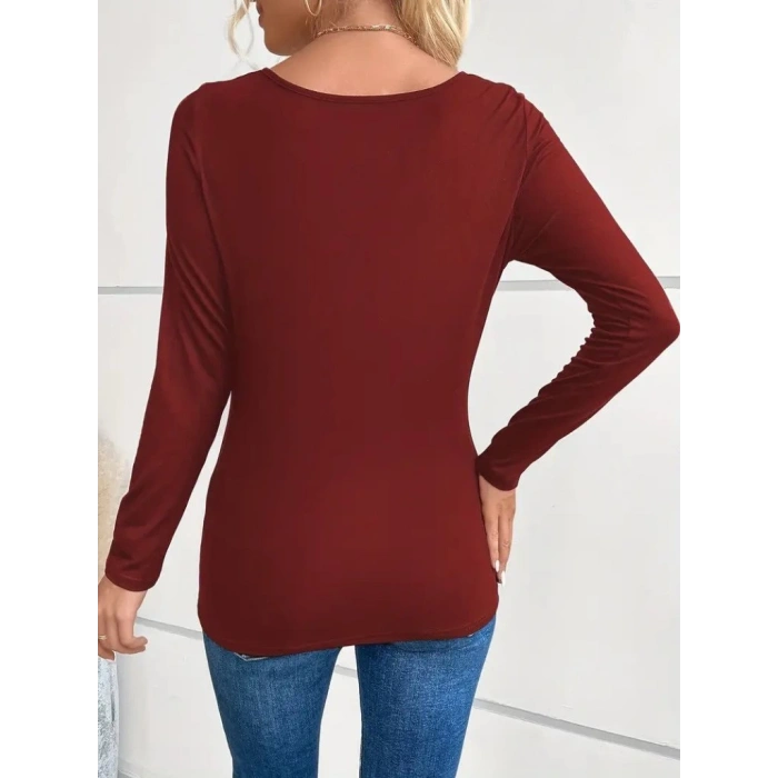 Kadın Uzun Kollu Derin Degaje Yakalı Taşlı Sandy Bluz