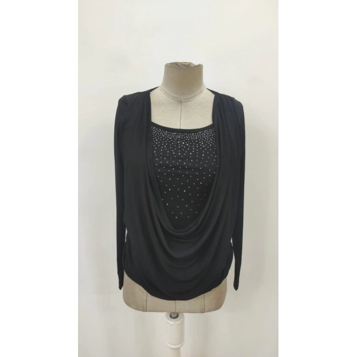 Kadın Uzun Kollu Derin Degaje Yakalı Taşlı Sandy Bluz