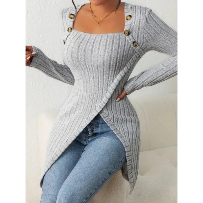 Kadın Uzun Kollu Derin Kare Yaka Düğme Detay şardonlu Kaşkorse Kruvaze Bluz