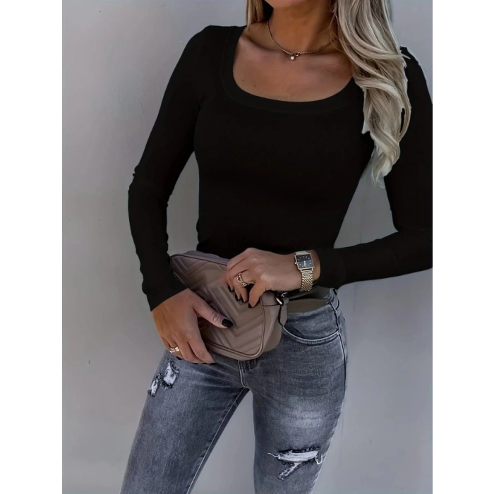 Kadın Uzun Kollu Derin Yuvarlak Yaka Kaşkorse Bluz