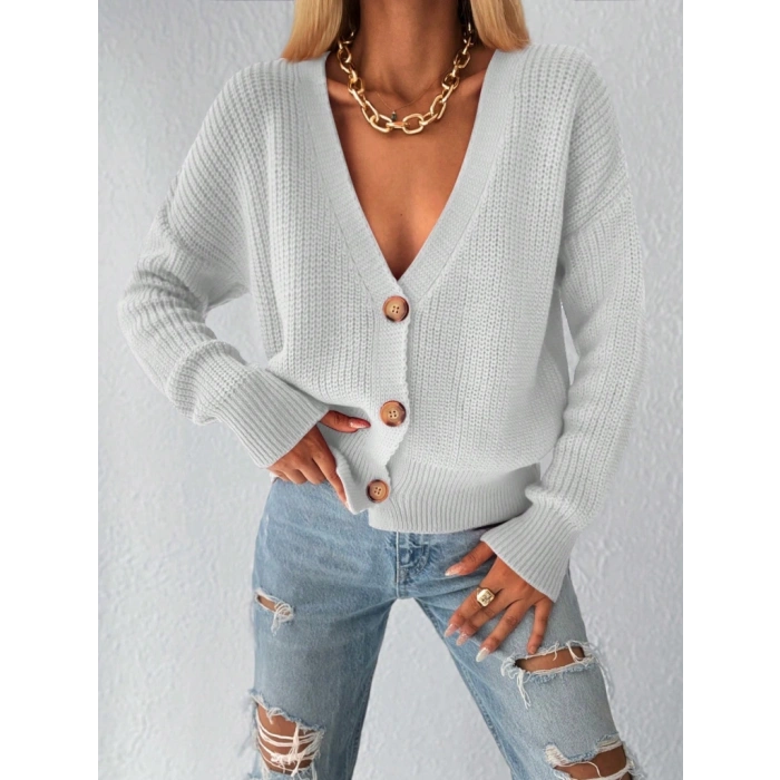 Kadın Uzun Kollu Düğme Detay Triko Bluz