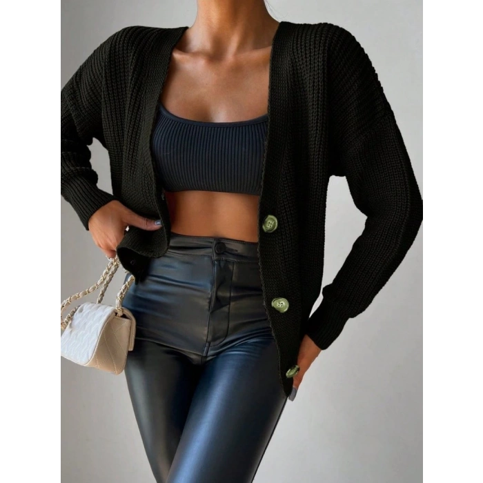 Kadın Uzun Kollu Düğme Detay Triko Hırka