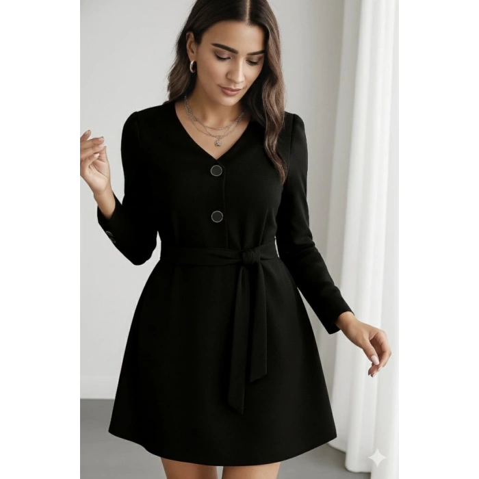 Kadın Uzun Kollu Düğme Detaylı Kendinden Kemerli Ithal Krep Elbise