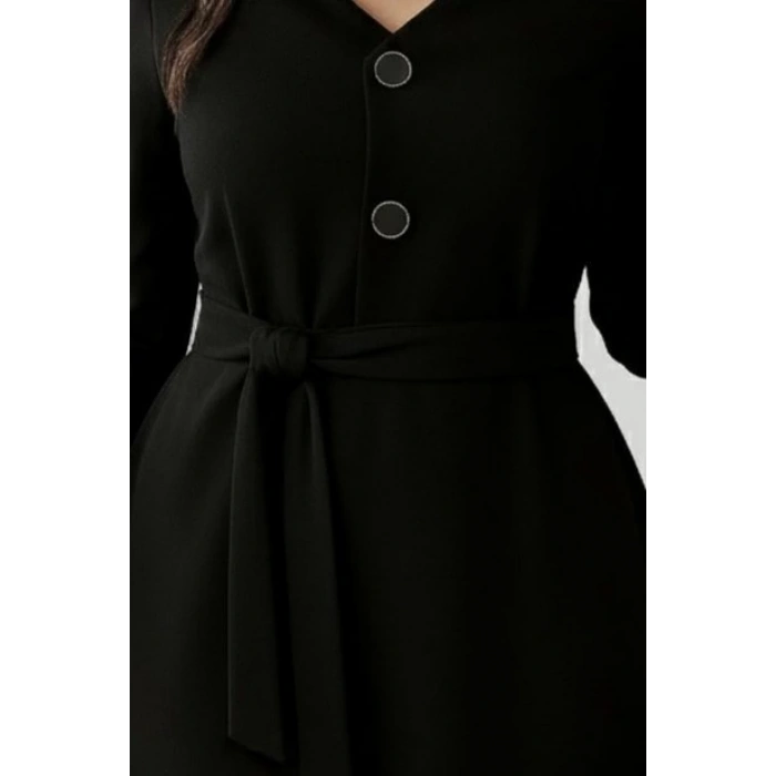 Kadın Uzun Kollu Düğme Detaylı Kendinden Kemerli Ithal Krep Elbise