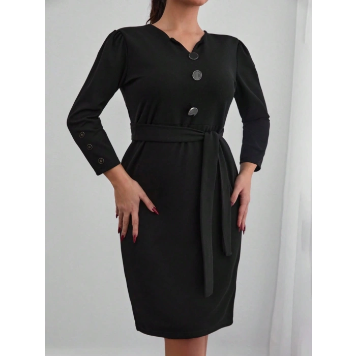 Kadın Uzun Kollu Düğme Detaylı Kendinden Kemerli Ithal Krep Elbise
