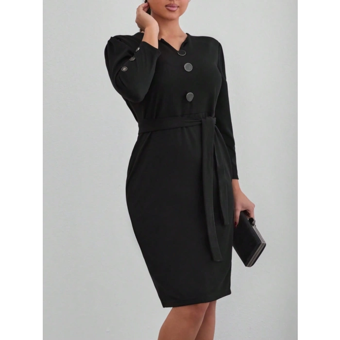 Kadın Uzun Kollu Düğme Detaylı Kendinden Kemerli Ithal Krep Elbise