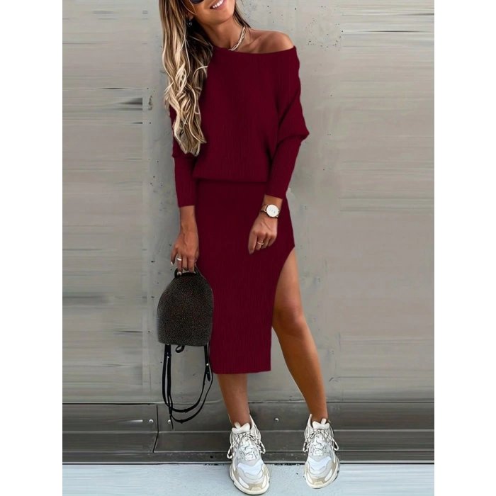 Kadın Uzun Kollu Düşük Omuz Yırtmaç Detay Kaşkorse Etek Bluz Ikili Takım