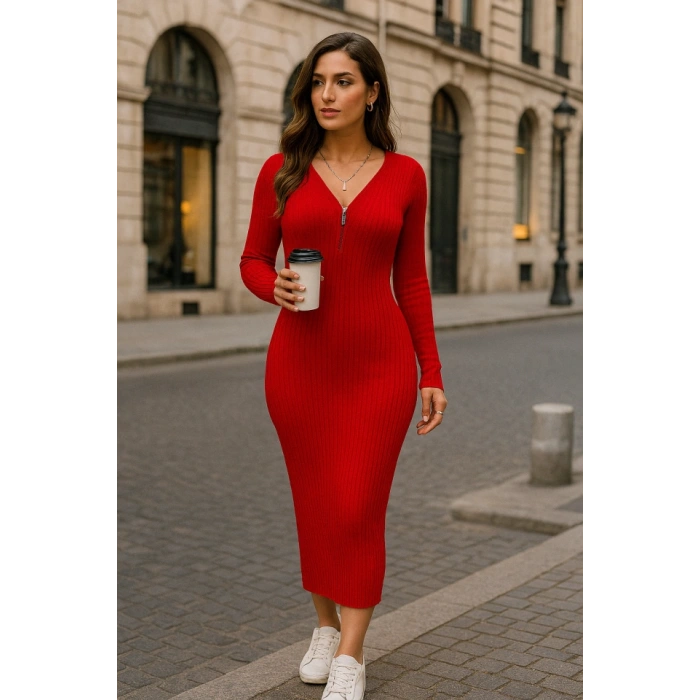 Kadın Uzun Kollu Fermuar Detay Fitilli Kaşkorse Kumaş Maxi Boy Elbise