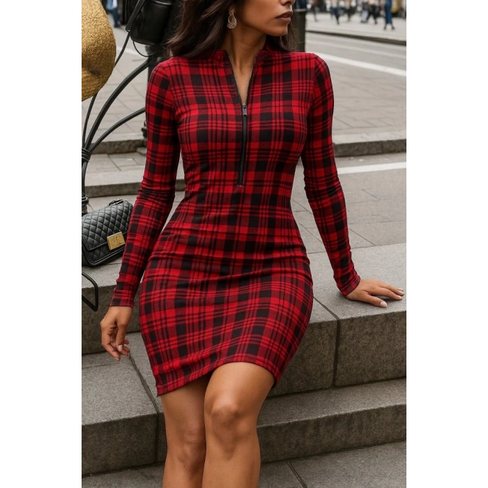 Kadın Uzun Kollu Fermuarlı Ekose Baskılı Dalgıç Elbise