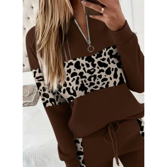 Kadın Uzun Kollu Fermuarlı Karışık Desenli Viskon Iki Iplik Bluz Ve Pantolon Ikili Takım