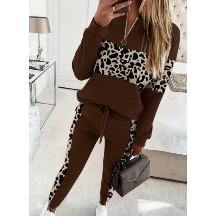 Kadın Uzun Kollu Fermuarlı Karışık Desenli Viskon Iki Iplik Bluz Ve Pantolon Ikili Takım